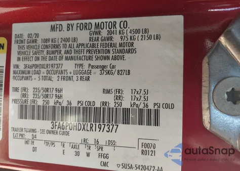 2020 Ford Fusion Se из США, поврежденный, VIN 3FA6P0HDXLR197377